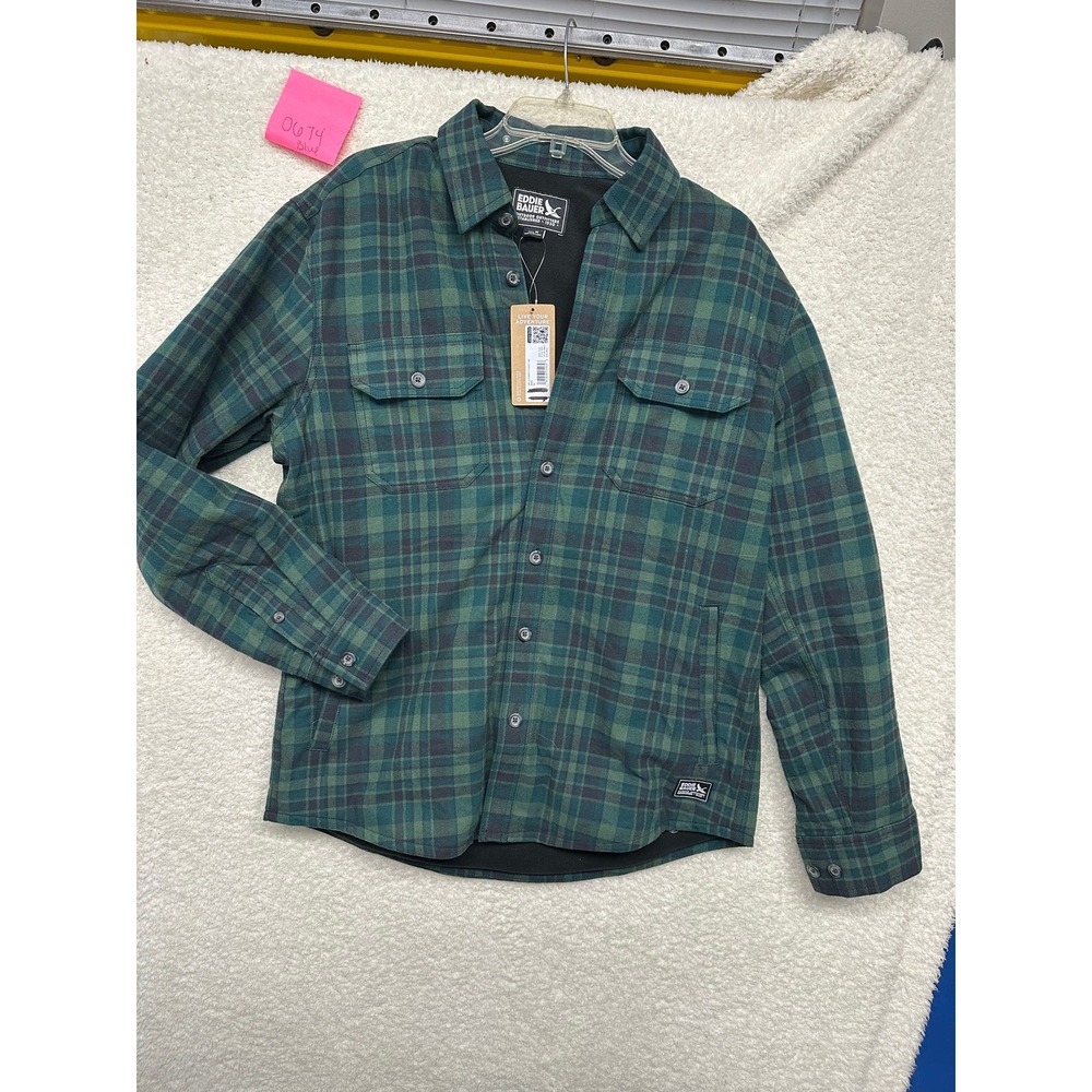 Eddie Bauer Mens Fleece Lined Flannel Shirt Jacket Green Plaid Medium NWT